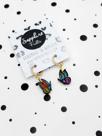Small Rainbow Mismatch Butterfly Dangle Earrings or Necklace – Hypoallergenic Stainless Steel