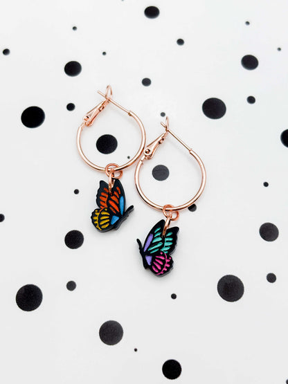 Small Rainbow Mismatch Butterfly Dangle Earrings or Necklace – Hypoallergenic Stainless Steel