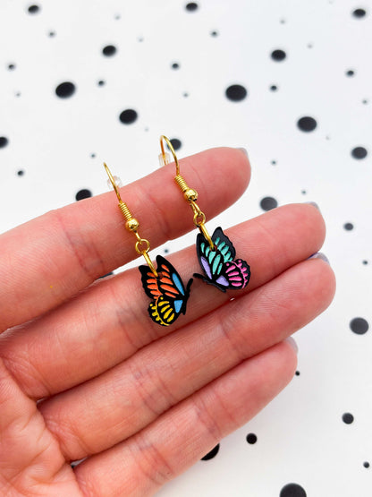 Small Rainbow Mismatch Butterfly Dangle Earrings or Necklace – Hypoallergenic Stainless Steel
