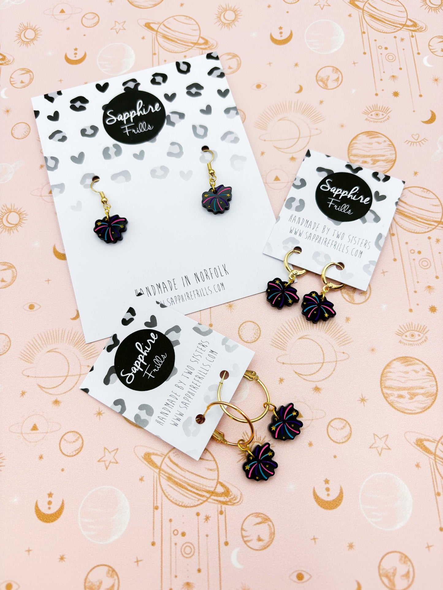 Small Black Gloss Pink, Purple and Blue Firework Acrylic Dangle Earrings