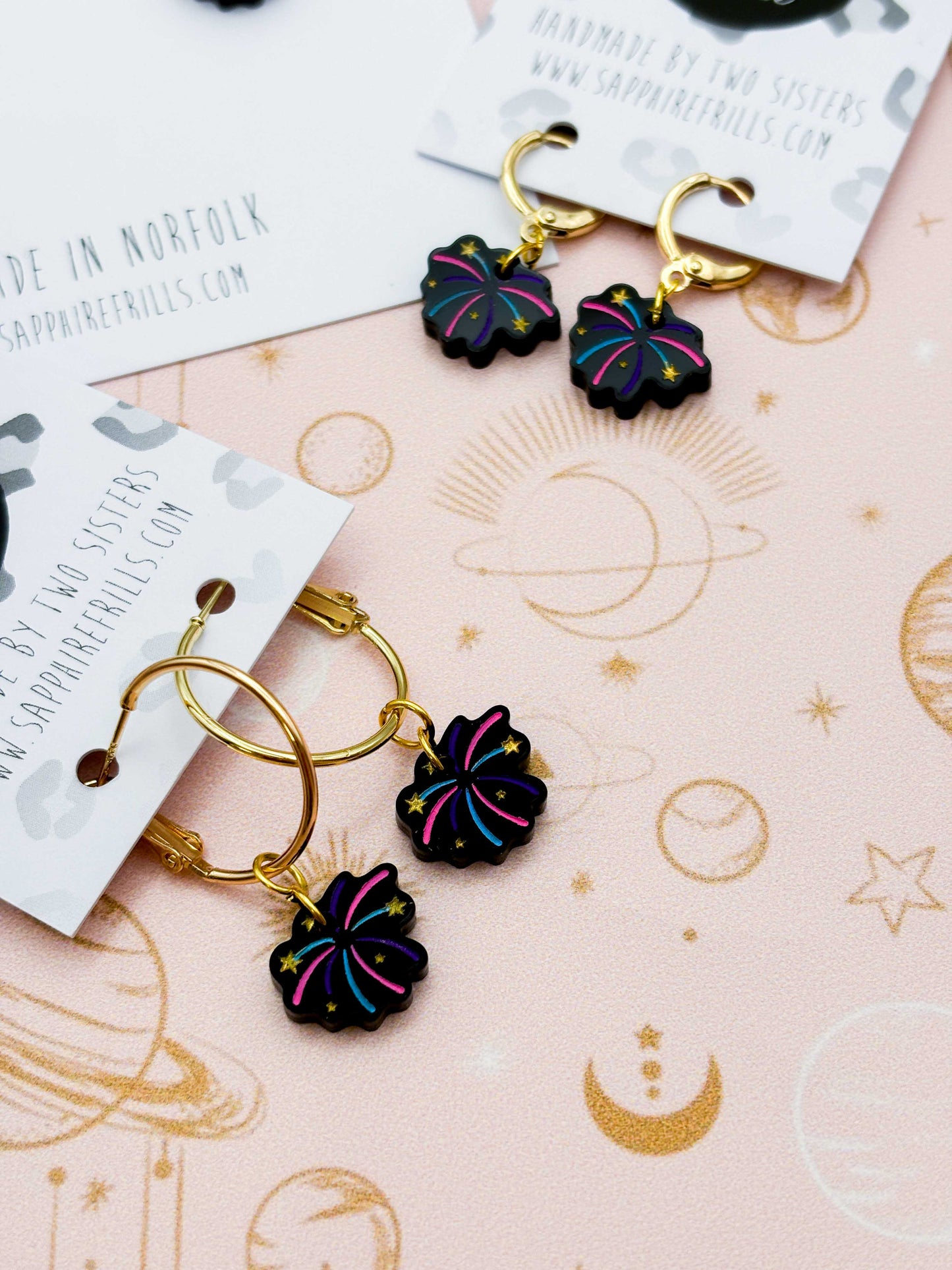 Small Black Gloss Pink, Purple and Blue Firework Acrylic Dangle Earrings