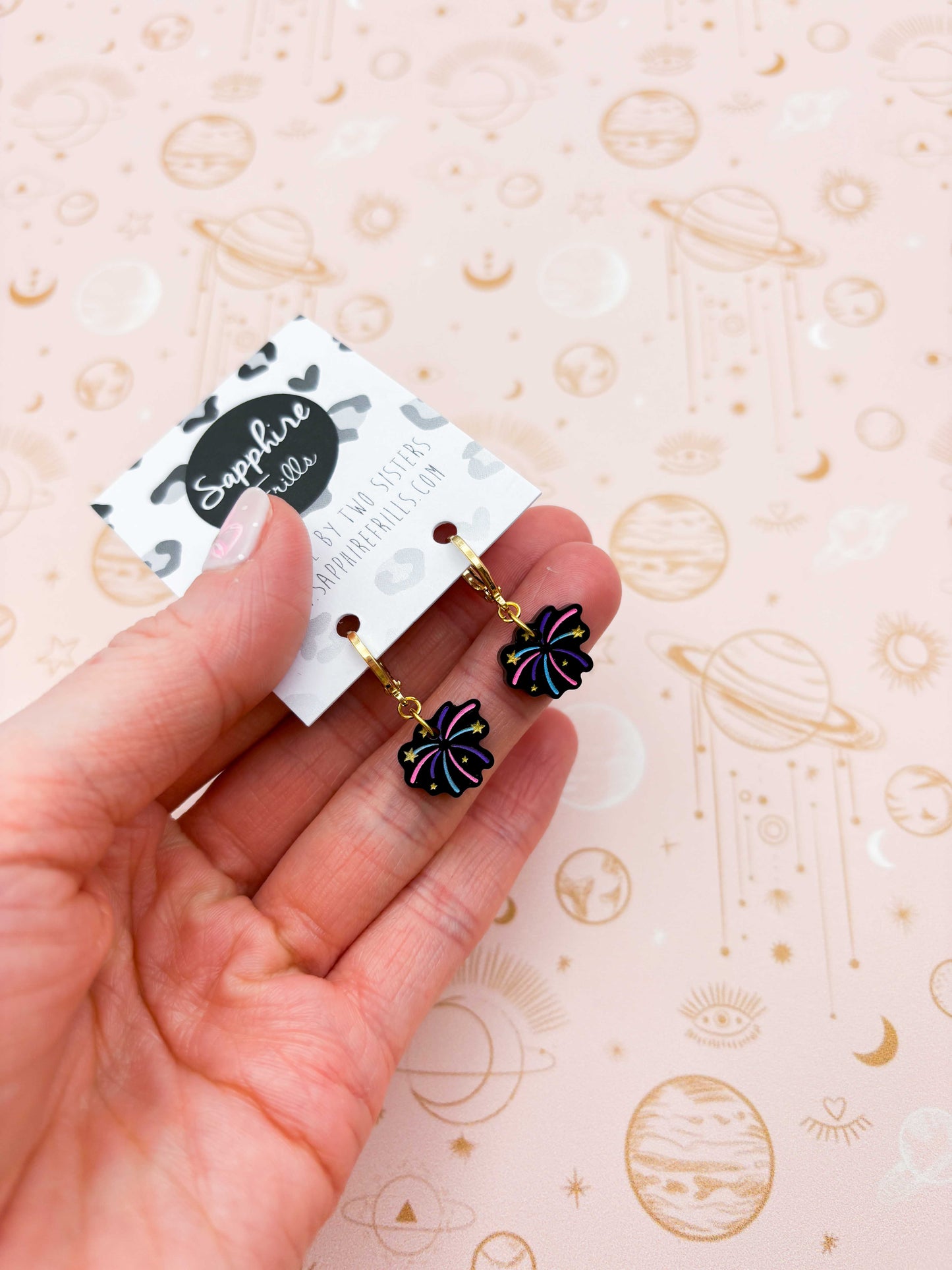 Small Black Gloss Pink, Purple and Blue Firework Acrylic Dangle Earrings