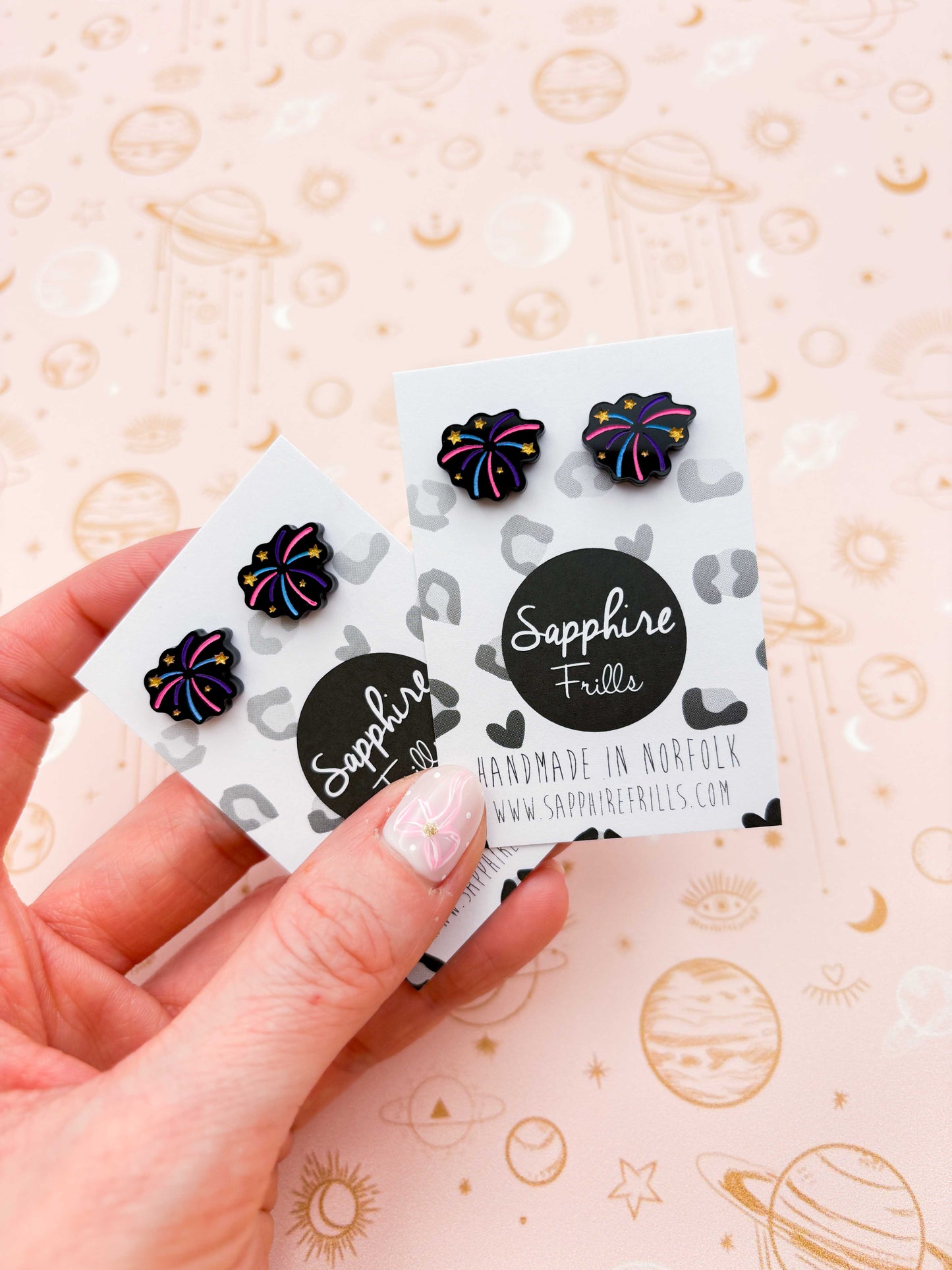 Small Black Gloss Pink, Purple and Blue Firework Acrylic Stud Earrings