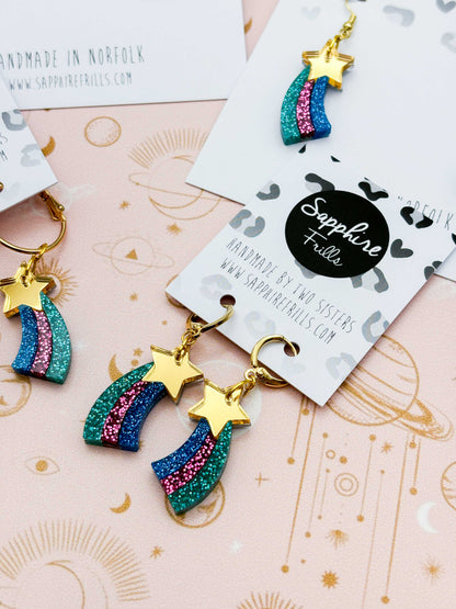 Medium Gold Rainbow Holographic Glitter Acrylic Shooting Star Dangle Earrings or Necklace – Hypoallergenic Stainless Steel