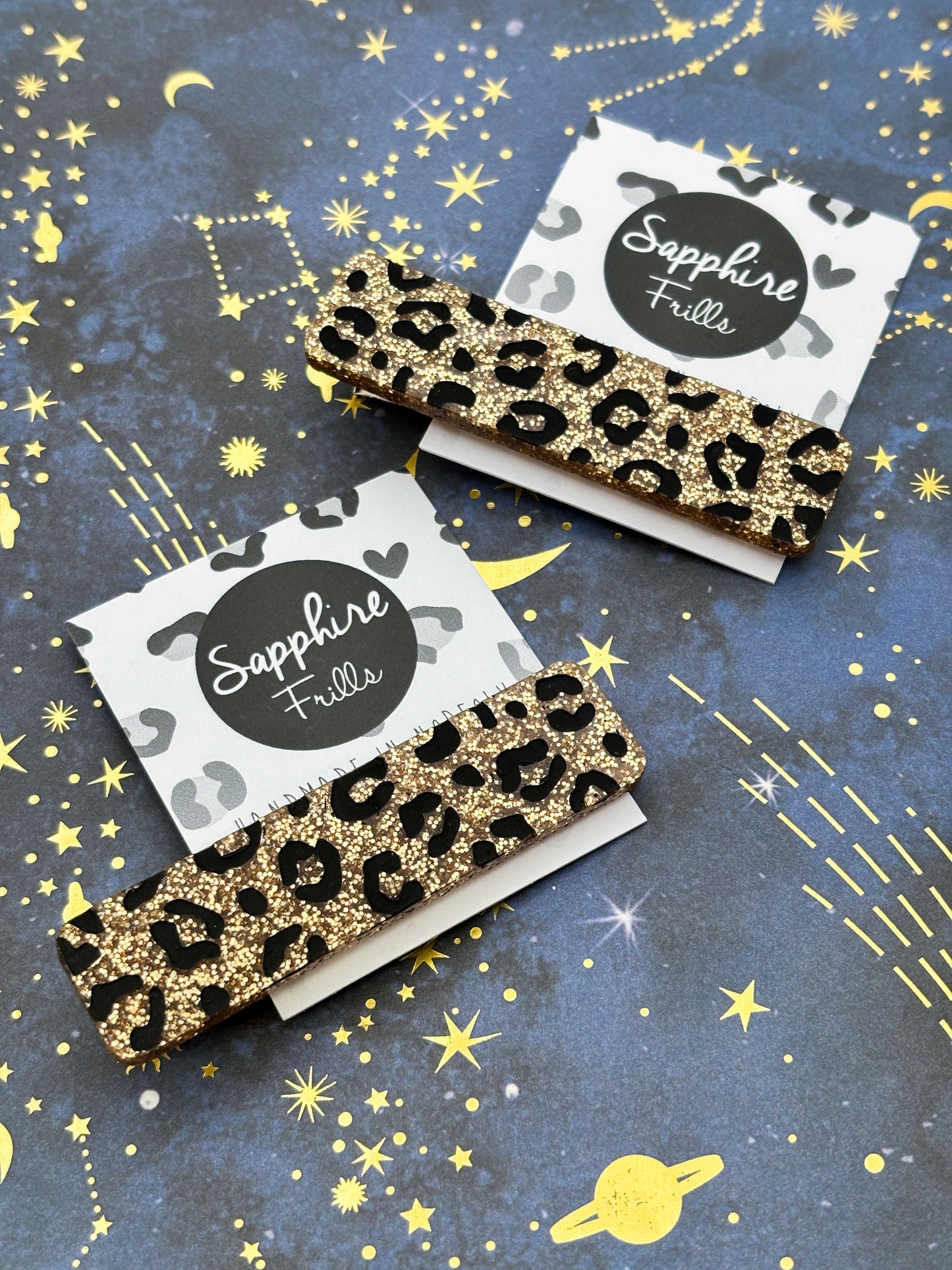 Gold Glitter Leopard Print Rectangle Acrylic Hair Clip