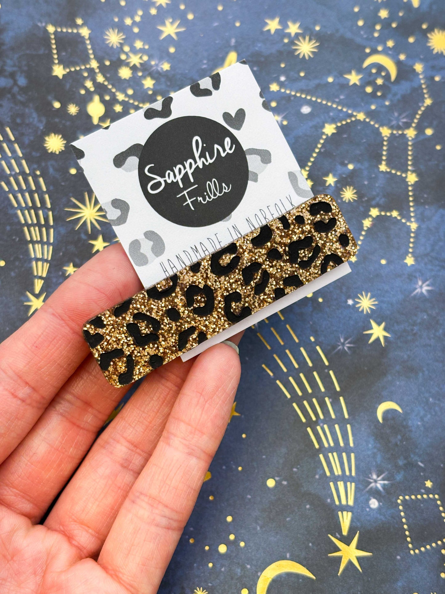 Gold Glitter Leopard Print Rectangle Acrylic Hair Clip