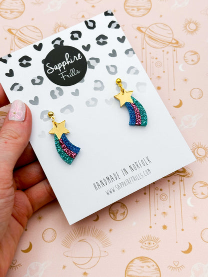Medium Gold Rainbow Holographic Glitter Acrylic Shooting Star Dangle Earrings or Necklace – Hypoallergenic Stainless Steel