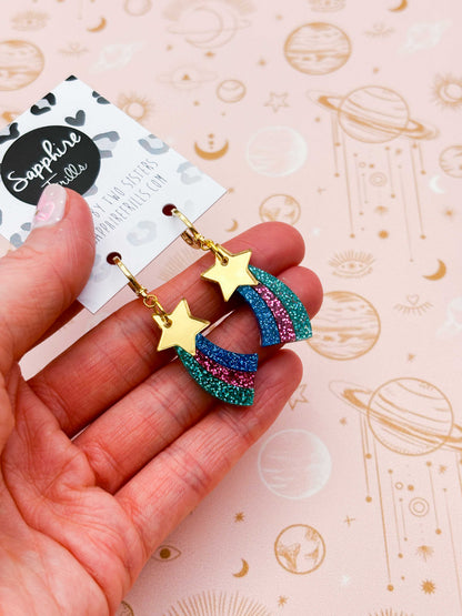Medium Gold Rainbow Holographic Glitter Acrylic Shooting Star Dangle Earrings or Necklace – Hypoallergenic Stainless Steel