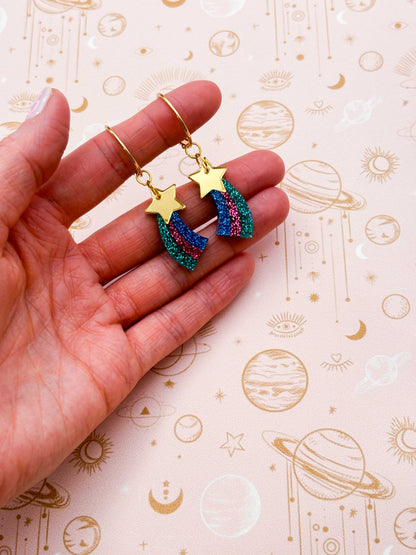 Medium Gold Rainbow Holographic Glitter Acrylic Shooting Star Dangle Earrings or Necklace – Hypoallergenic Stainless Steel