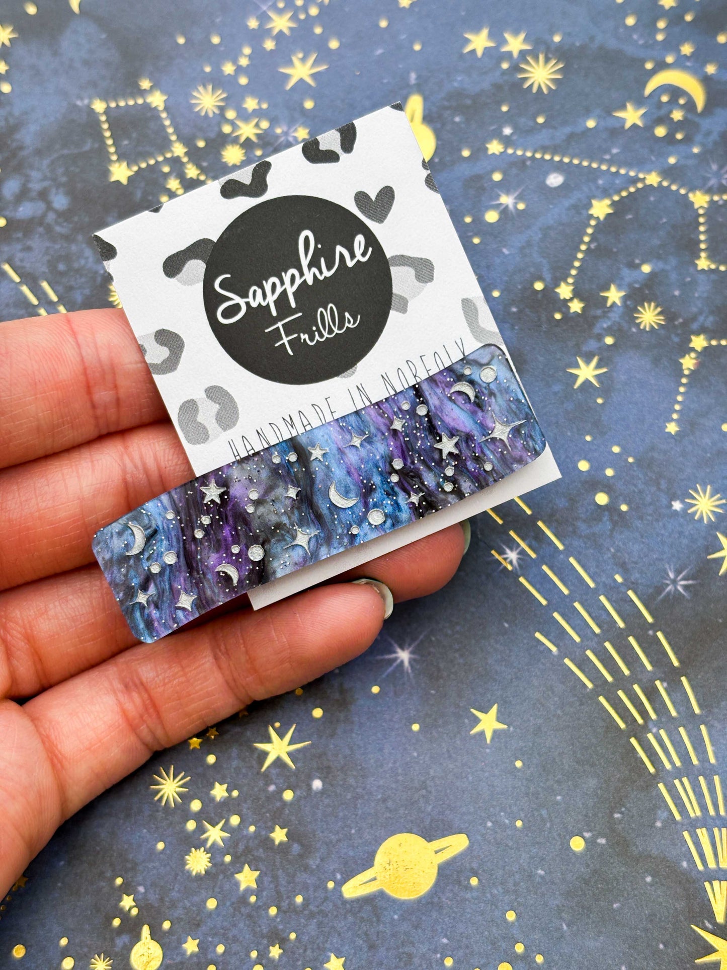 Navy Blue Starry Night Sky Rectangle Wave Acrylic Hair Clip