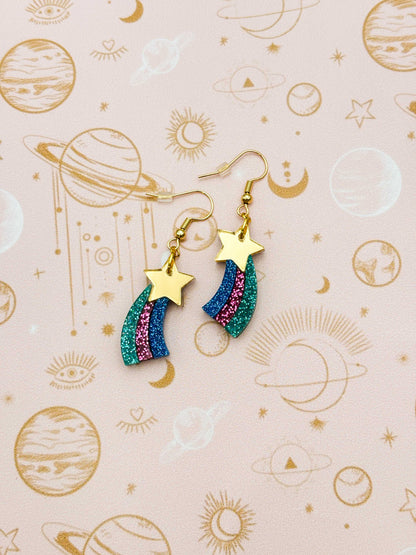 Medium Gold Rainbow Holographic Glitter Acrylic Shooting Star Dangle Earrings or Necklace – Hypoallergenic Stainless Steel