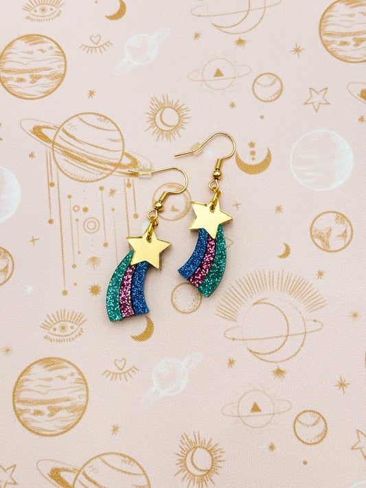 Medium Gold Rainbow Holographic Glitter Acrylic Shooting Star Dangle Earrings or Necklace – Hypoallergenic Stainless Steel