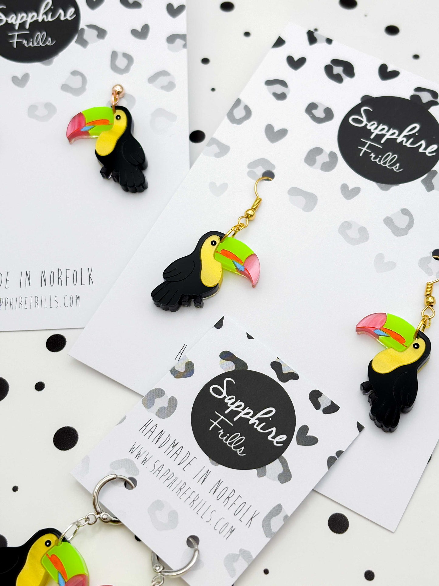 Large Black Rainbow Toucan Dangle Earrings