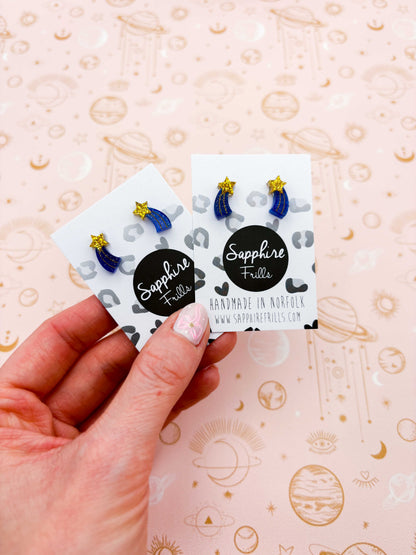 Mini Gold and Blue Glitter Acrylic Shooting Star Stud – Hypoallergenic Stainless Steel