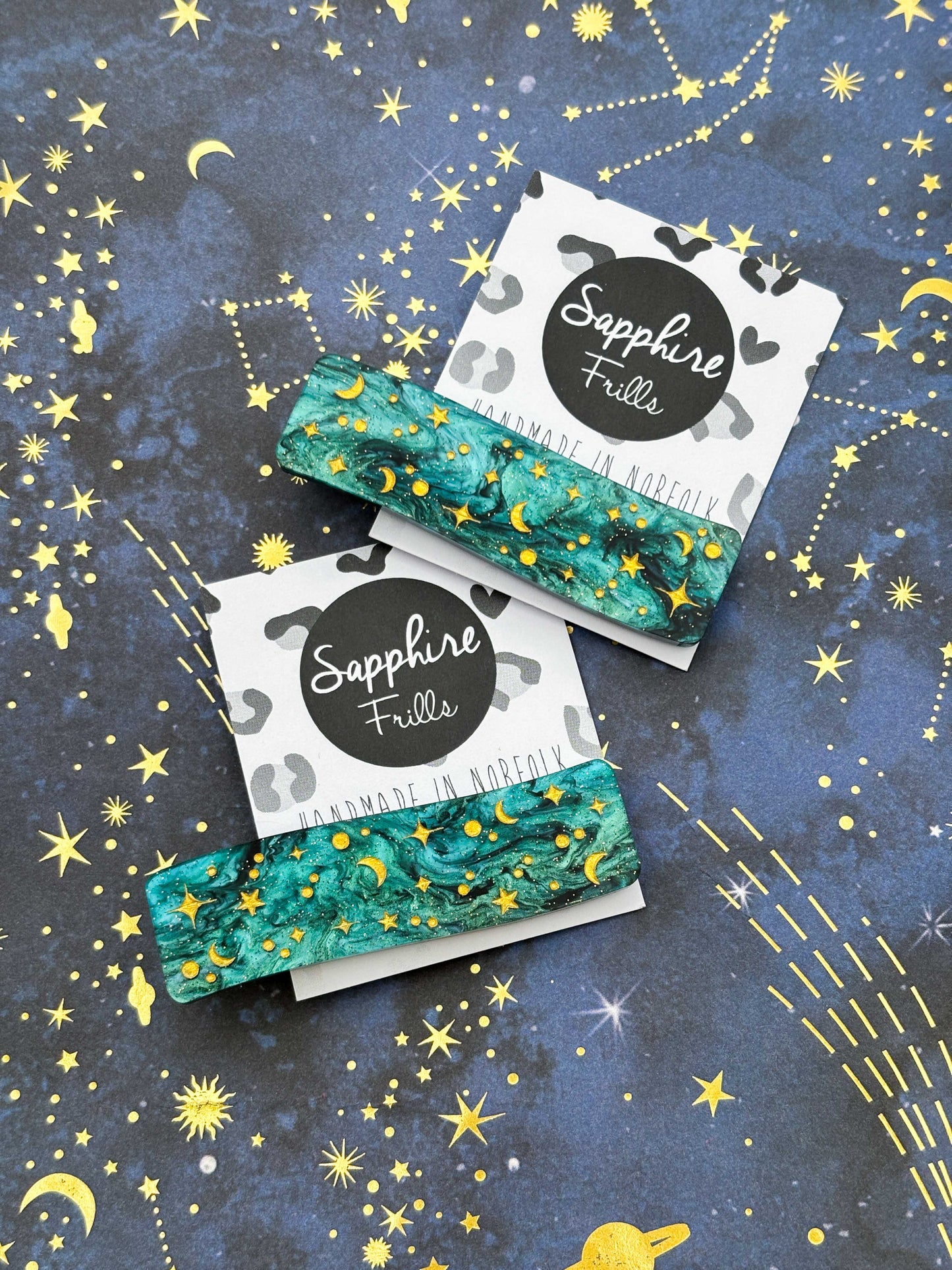 Galaxy Teal Starry Night Sky Rectangle Wave Hair Clip
