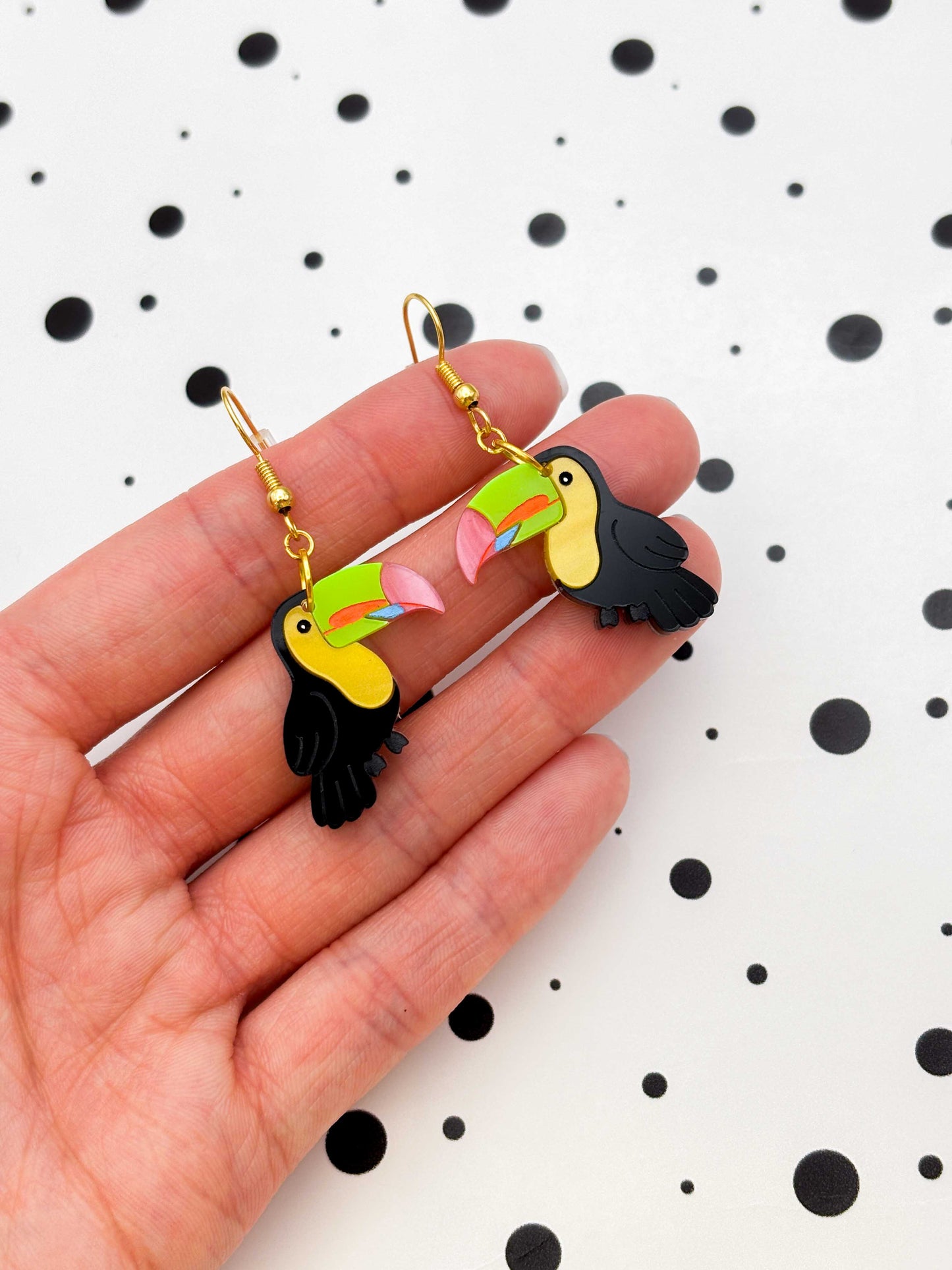 Large Black Rainbow Toucan Dangle Earrings