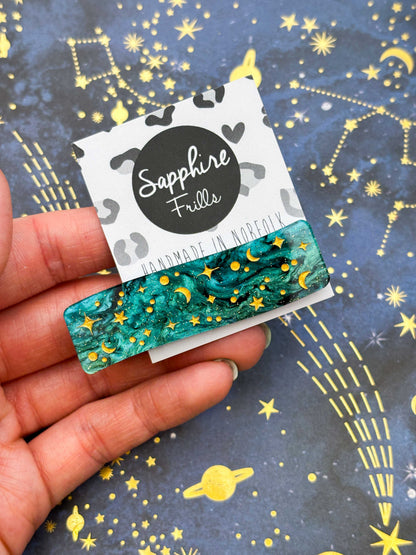 Galaxy Teal Starry Night Sky Rectangle Wave Hair Clip