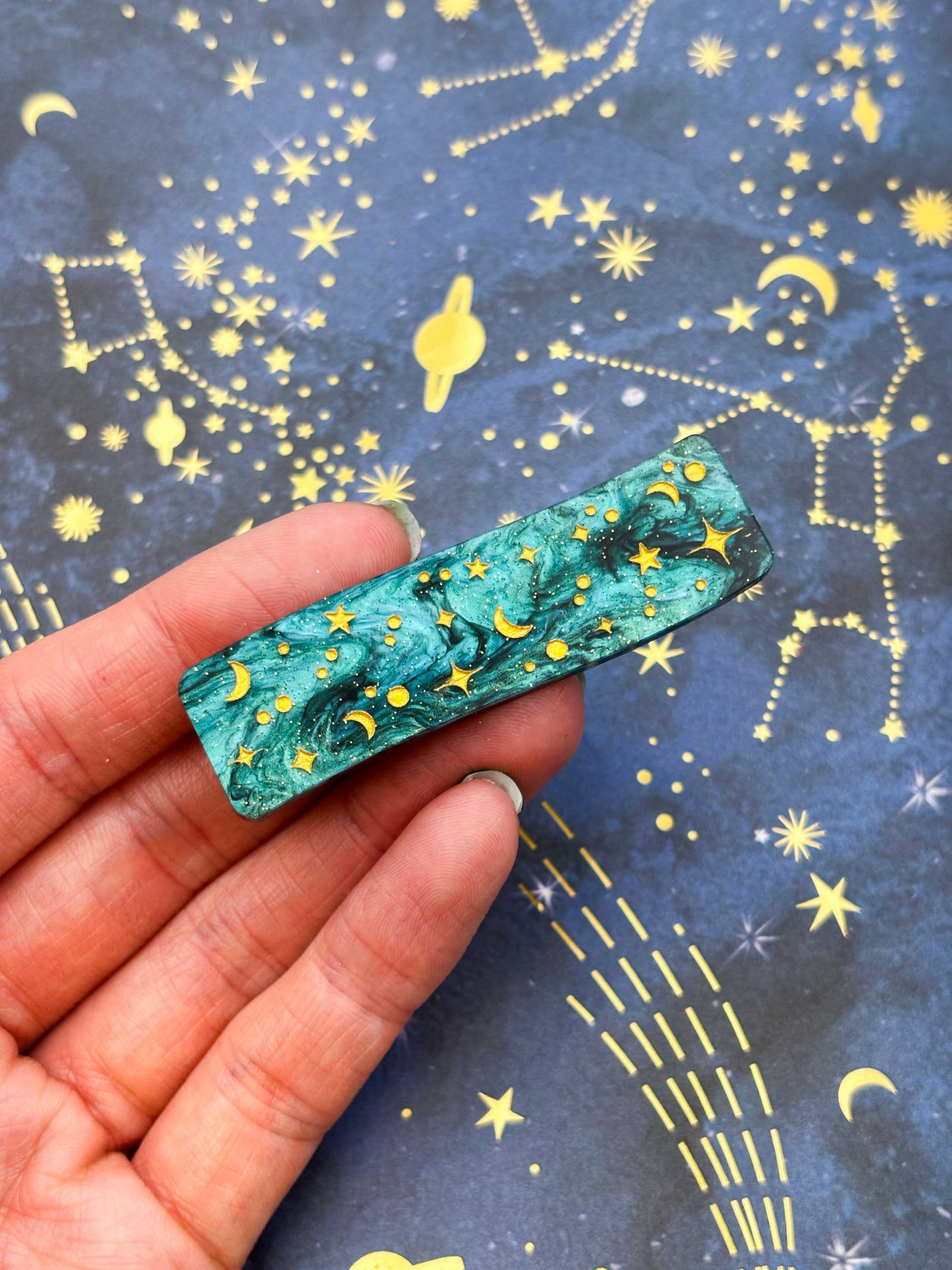 Galaxy Teal Starry Night Sky Rectangle Wave Hair Clip