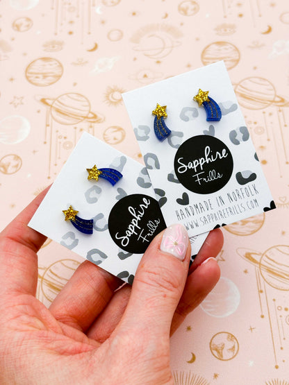 Mini Gold and Blue Glitter Acrylic Shooting Star Stud – Hypoallergenic Stainless Steel