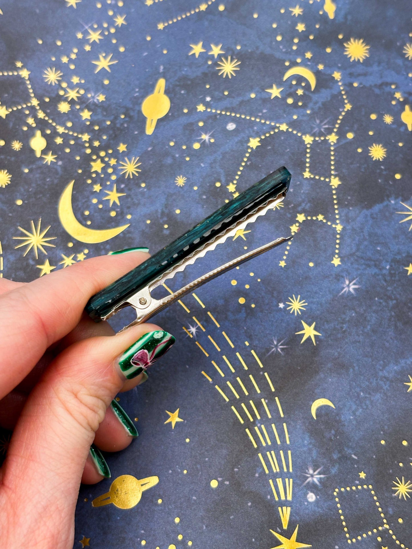 Galaxy Teal Starry Night Sky Rectangle Wave Hair Clip