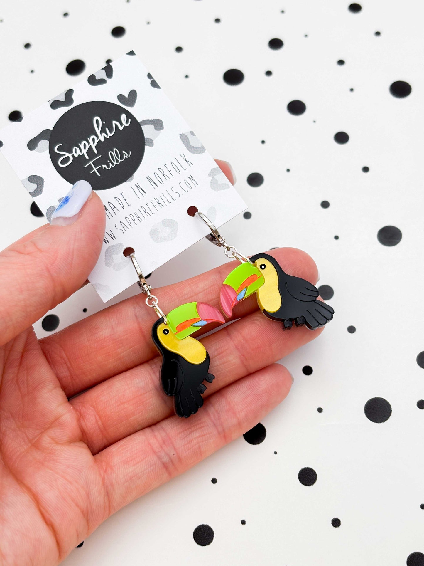 Large Black Rainbow Toucan Dangle Earrings