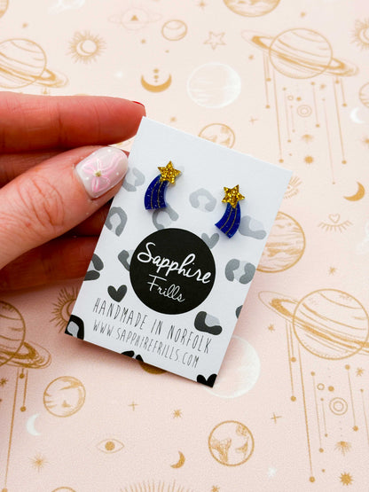 Mini Gold and Blue Glitter Acrylic Shooting Star Stud – Hypoallergenic Stainless Steel