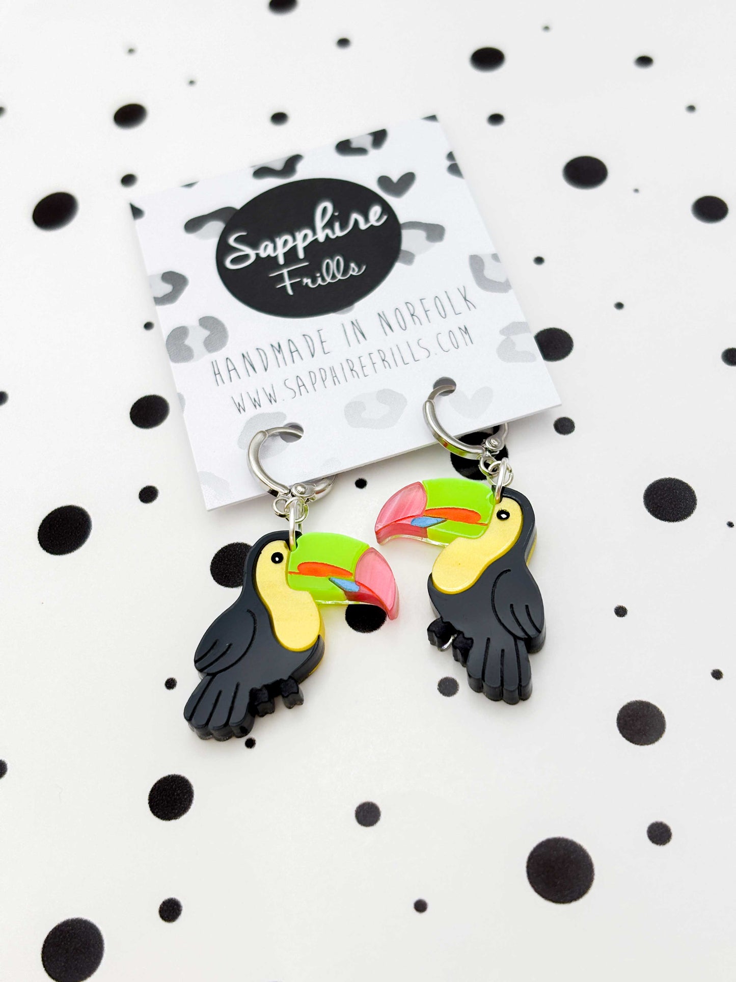Large Black Rainbow Toucan Dangle Earrings