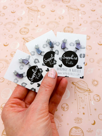 Mini Holographic Silver and Night Sky Glitter Marble Acrylic Shooting Star Stud – Hypoallergenic Stainless Steel