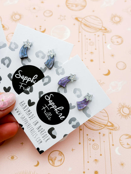 Mini Holographic Silver and Night Sky Glitter Marble Acrylic Shooting Star Stud – Hypoallergenic Stainless Steel