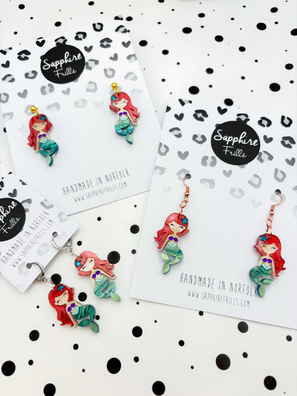 Large Red, Teal and Purple Mermaid Dangle Earrings or Necklace – Hypoallergenic Stainless Steel