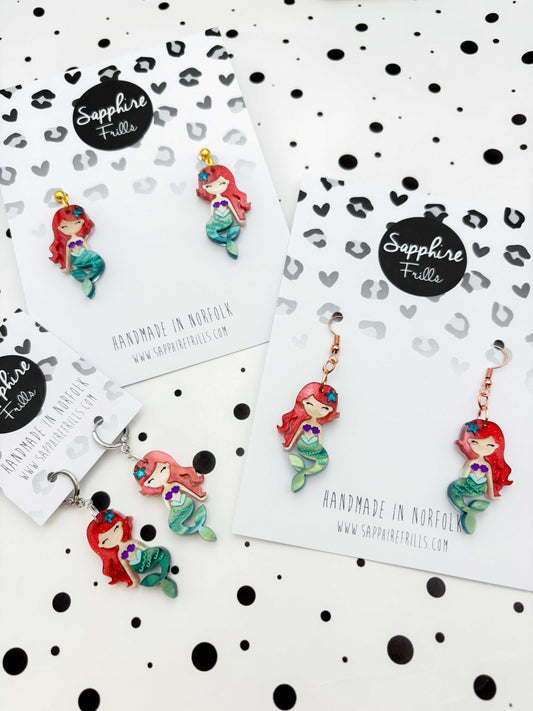 Large Red, Teal and Purple Mermaid Dangle Earrings or Necklace – Hypoallergenic Stainless Steel