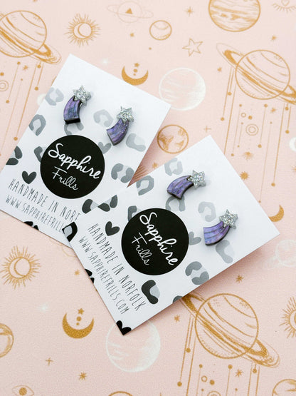 Mini Holographic Silver and Night Sky Glitter Marble Acrylic Shooting Star Stud – Hypoallergenic Stainless Steel
