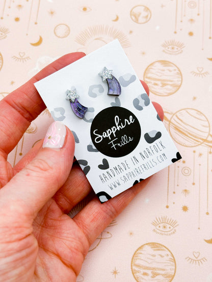 Mini Holographic Silver and Night Sky Glitter Marble Acrylic Shooting Star Stud – Hypoallergenic Stainless Steel