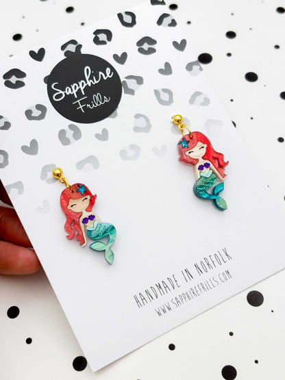 Large Red, Teal and Purple Mermaid Dangle Earrings or Necklace – Hypoallergenic Stainless Steel