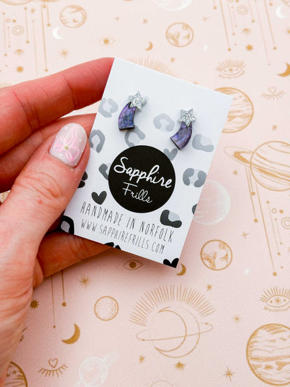 Mini Holographic Silver and Night Sky Glitter Marble Acrylic Shooting Star Stud – Hypoallergenic Stainless Steel