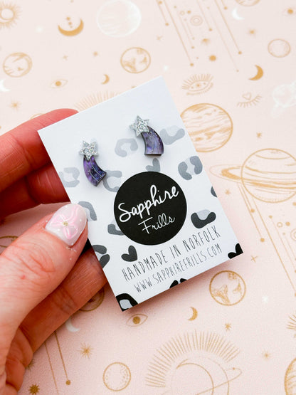Mini Holographic Silver and Night Sky Glitter Marble Acrylic Shooting Star Stud – Hypoallergenic Stainless Steel