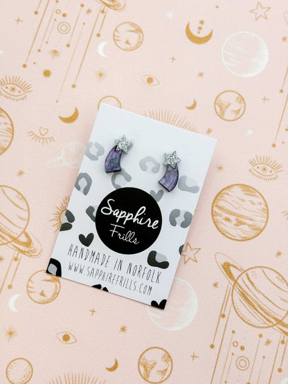 Mini Holographic Silver and Night Sky Glitter Marble Acrylic Shooting Star Stud – Hypoallergenic Stainless Steel