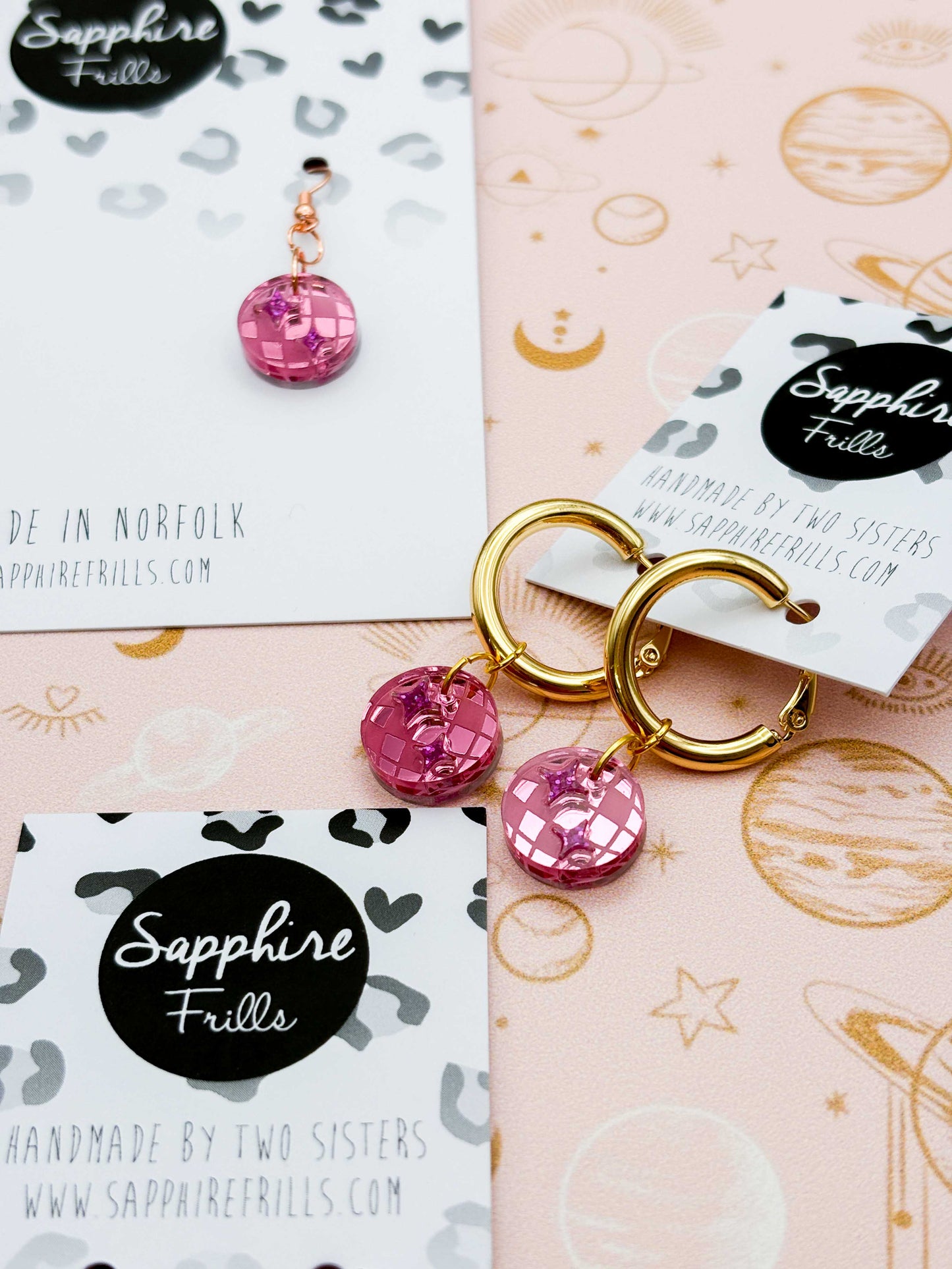 Small Pink Mirror and Holographic Magenta Glitter Acrylic Disco Ball Dangle Earrings