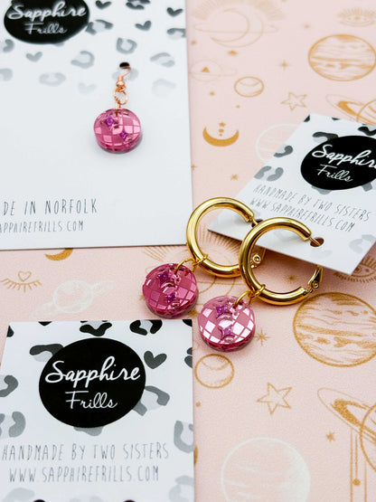 Small Pink Mirror and Holographic Magenta Glitter Acrylic Disco Ball Dangle Earrings or Necklace – Hypoallergenic Stainless Steel
