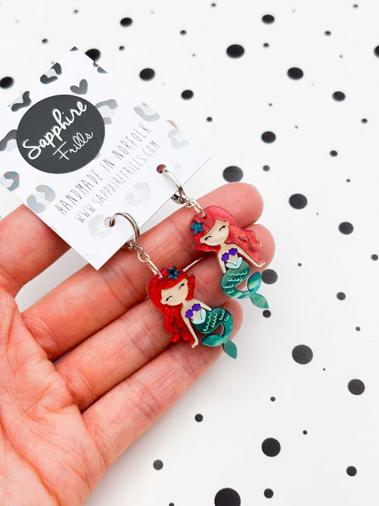 Large Red, Teal and Purple Mermaid Dangle Earrings or Necklace – Hypoallergenic Stainless Steel