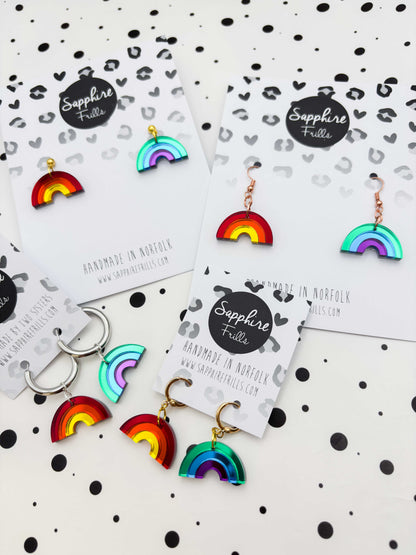 Medium Mismatch Mirror Rainbow Dangle Earrings or Necklace – Hypoallergenic Stainless Steel