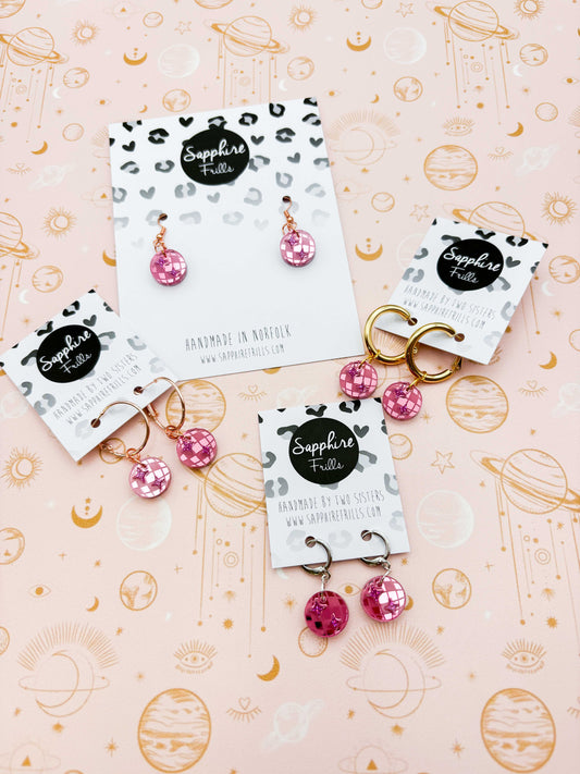 Small Pink Mirror and Holographic Magenta Glitter Acrylic Disco Ball Dangle Earrings or Necklace – Hypoallergenic Stainless Steel