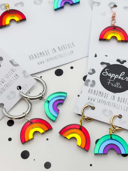 Medium Mismatch Mirror Rainbow Dangle Earrings or Necklace – Hypoallergenic Stainless Steel