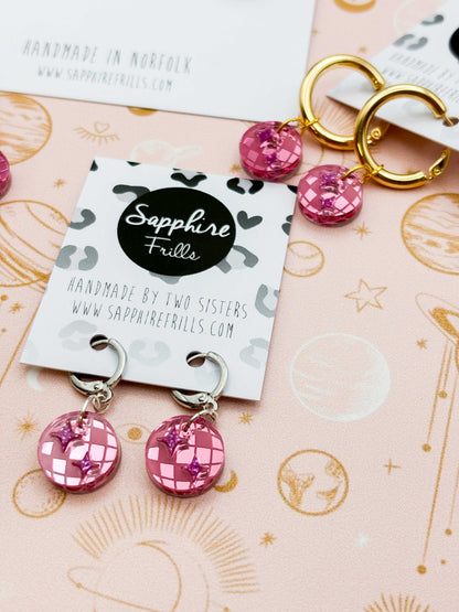 Small Pink Mirror and Holographic Magenta Glitter Acrylic Disco Ball Dangle Earrings or Necklace – Hypoallergenic Stainless Steel