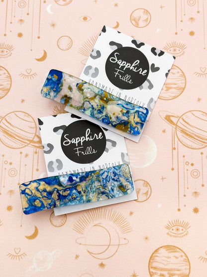 Ocean Blue Marble Ink Rectangle Wave Acrylic Hair Clip