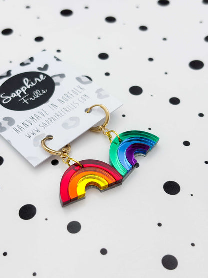 Medium Mismatch Mirror Rainbow Dangle Earrings or Necklace – Hypoallergenic Stainless Steel