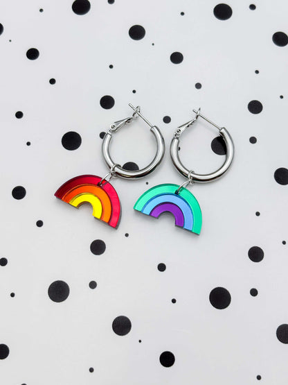 Medium Mismatch Mirror Rainbow Dangle Earrings or Necklace – Hypoallergenic Stainless Steel