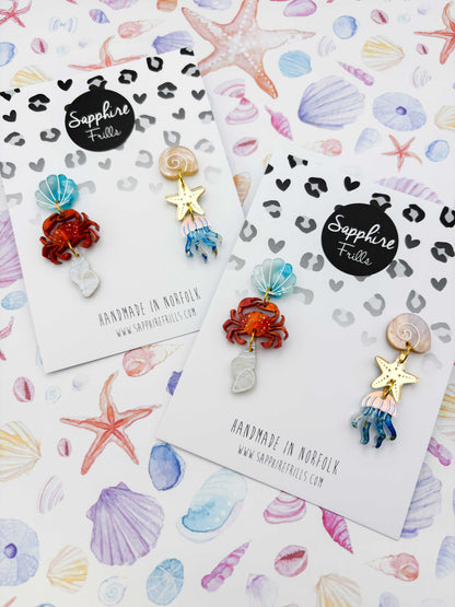 Beach and Sea Life Blue and Orange Mismatch Dangle Earrings – Hypoallergenic Stainless Steel