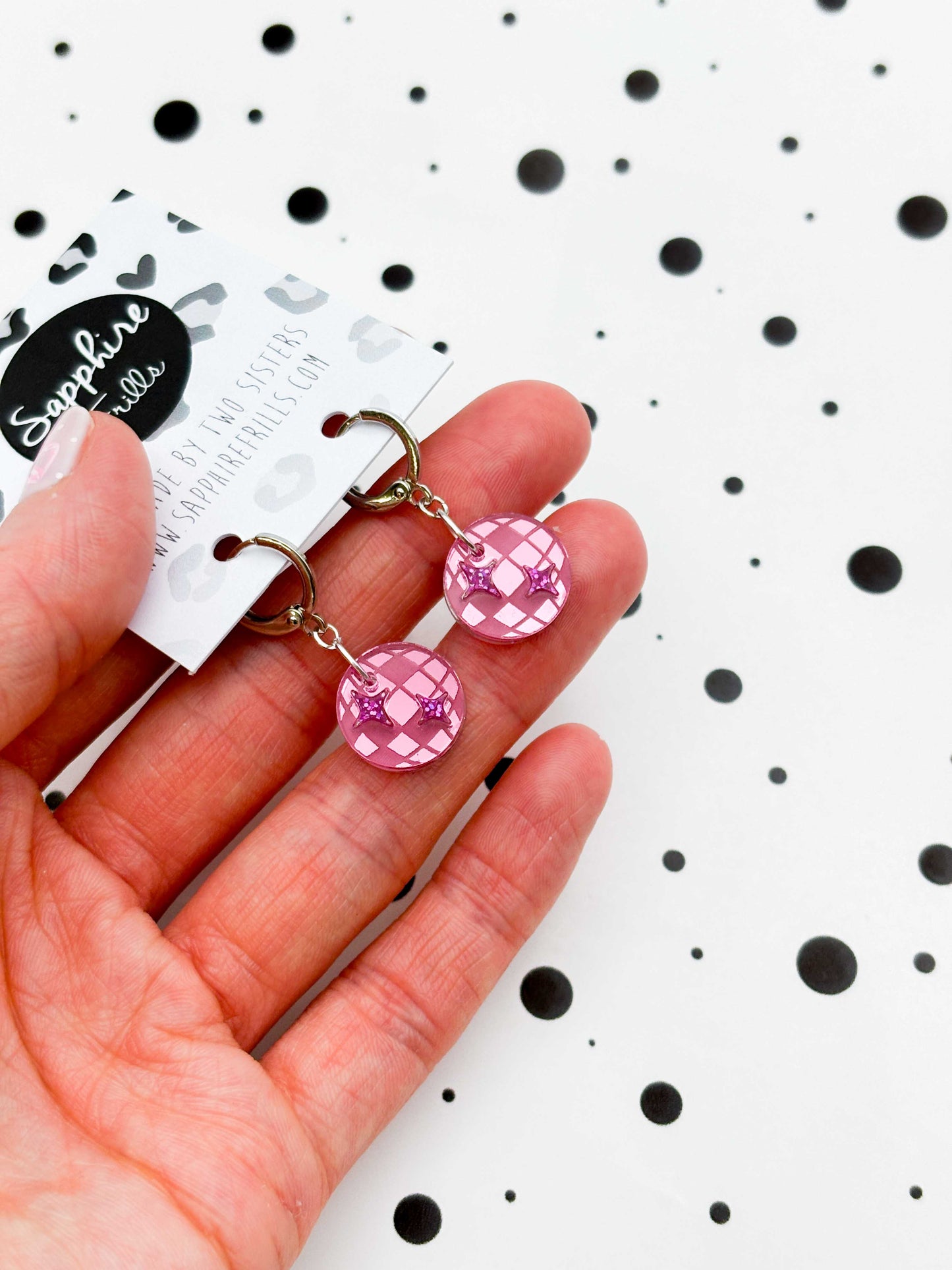 Small Pink Mirror and Holographic Magenta Glitter Acrylic Disco Ball Dangle Earrings