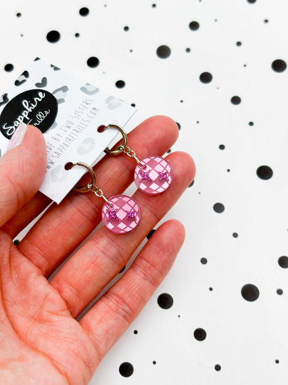 Small Pink Mirror and Holographic Magenta Glitter Acrylic Disco Ball Dangle Earrings or Necklace – Hypoallergenic Stainless Steel
